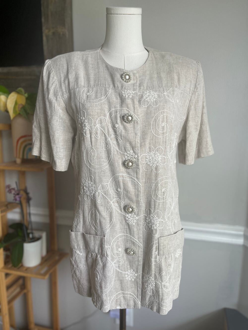 Vintage 90s Floral Blouse Button Front Wearable Art Linen Blend Size Large